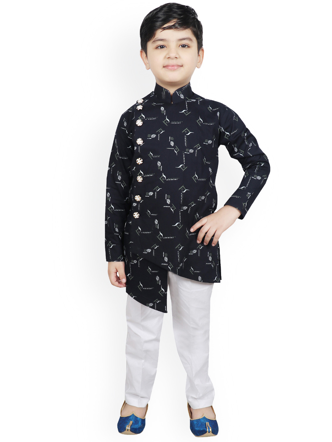 

SG YUVRAJ Boys Navy Blue & White Printed Kurta with Trousers
