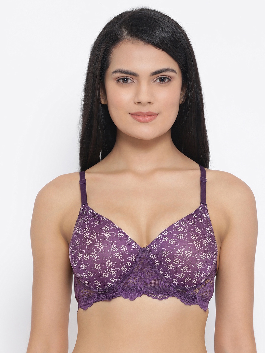 

Clovia Purple Printed Non-Wired Lightly Padded T-shirt Bra BR1806A1532B