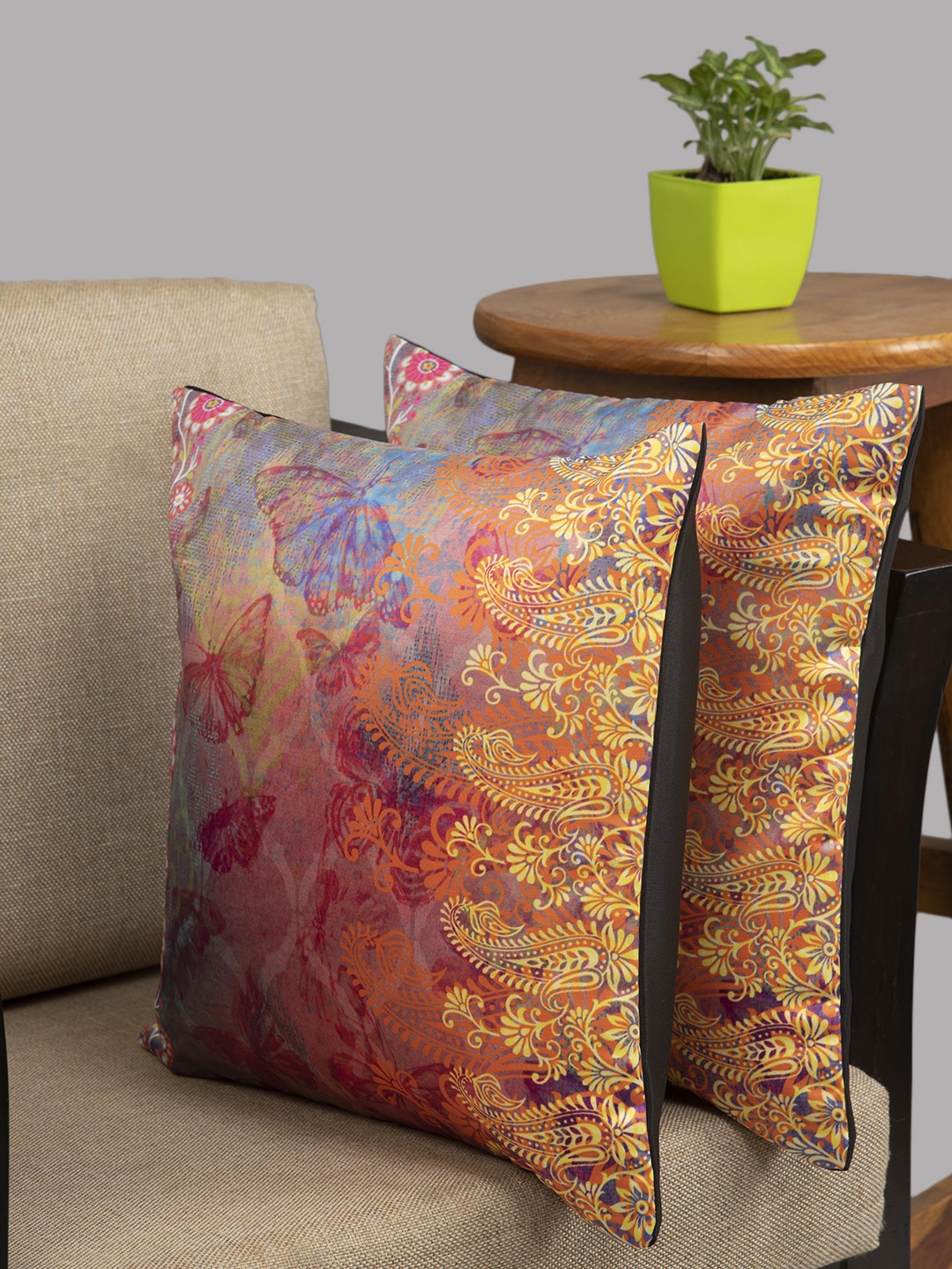 

HOUZZCODE Magenta & Yellow Set of 2 Ethnic Motifs Square Cushion Covers
