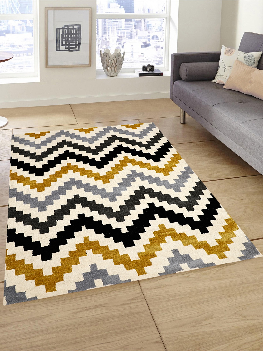 PRESTO White & Mustard Yellow Geometric Patterned Heavy Shaggy Anti-Skid Woolen Carpet