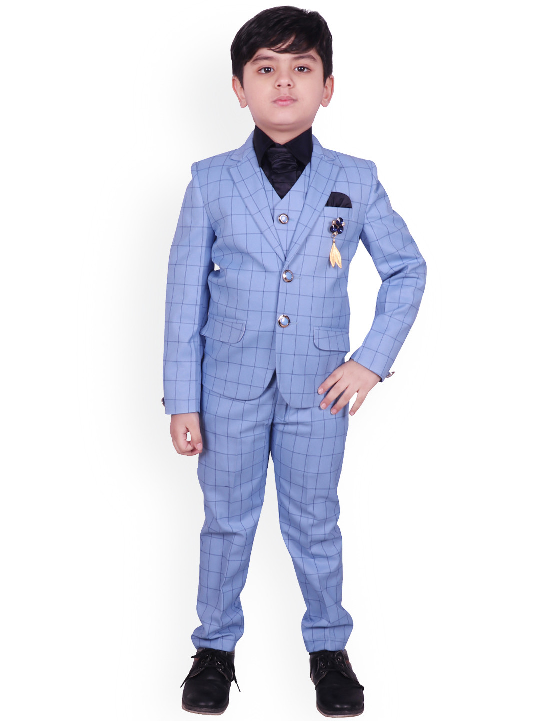 

SG YUVRAJ Boys Blue Checked Single-Breasted Formal 3 Piece Suit