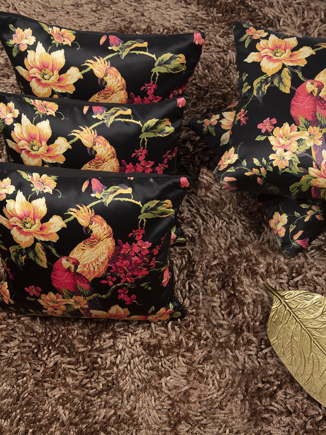 

HOUZZCODE Black & Orange Set of 5 Floral Square Cushion Covers