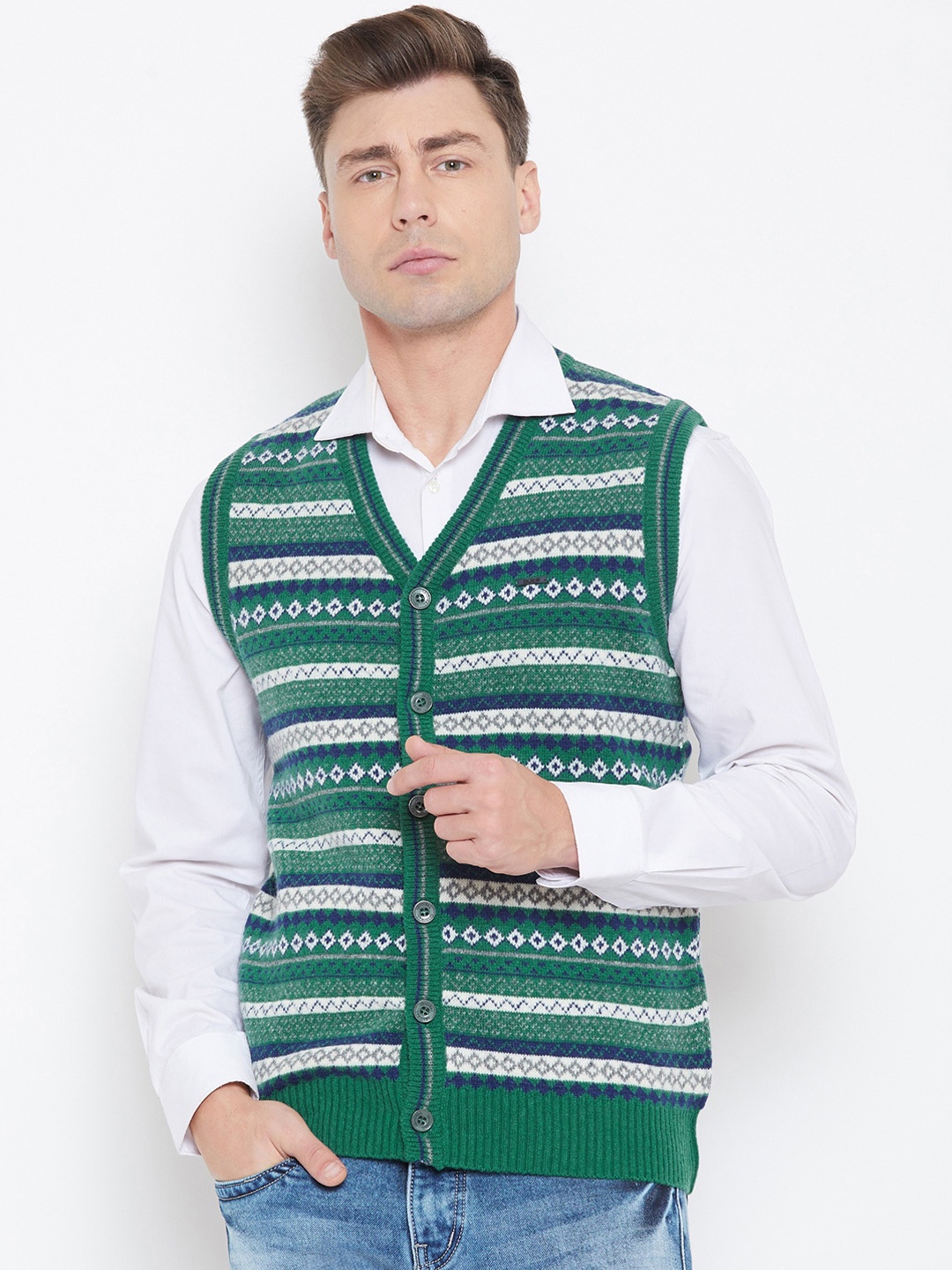 

Duke Men Green & Off White Self Design Cardigan