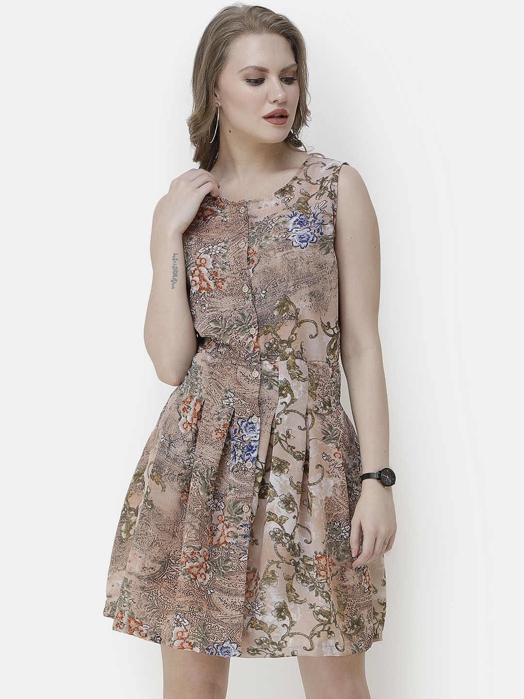 

SCORPIUS Women Brown & Blue Floral Printed Fit and Flare Dress