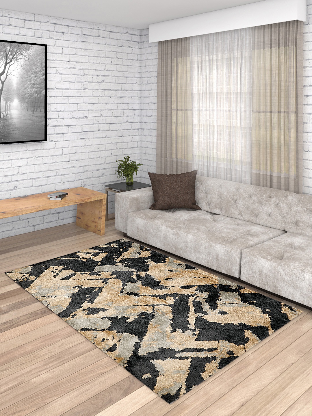 

PRESTO Gold-Toned & Charcoal Grey Abstract Patterned Anti-Skid Carpet