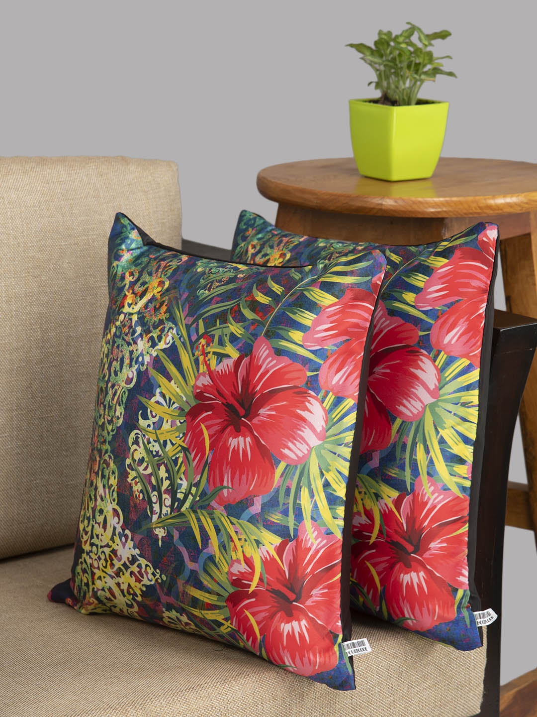 HOUZZCODE Multicoloured Set of 2 Floral Square Cushion Covers, Multi