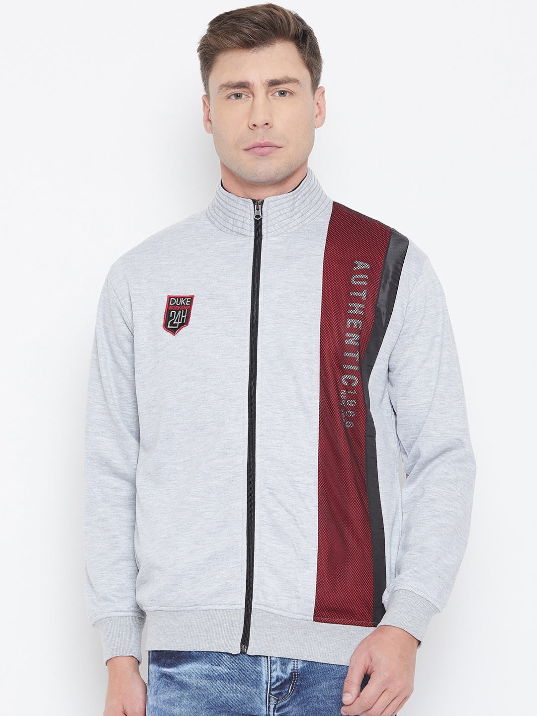 

Duke Men Grey & Maroon Colourblocked Sweatshirt