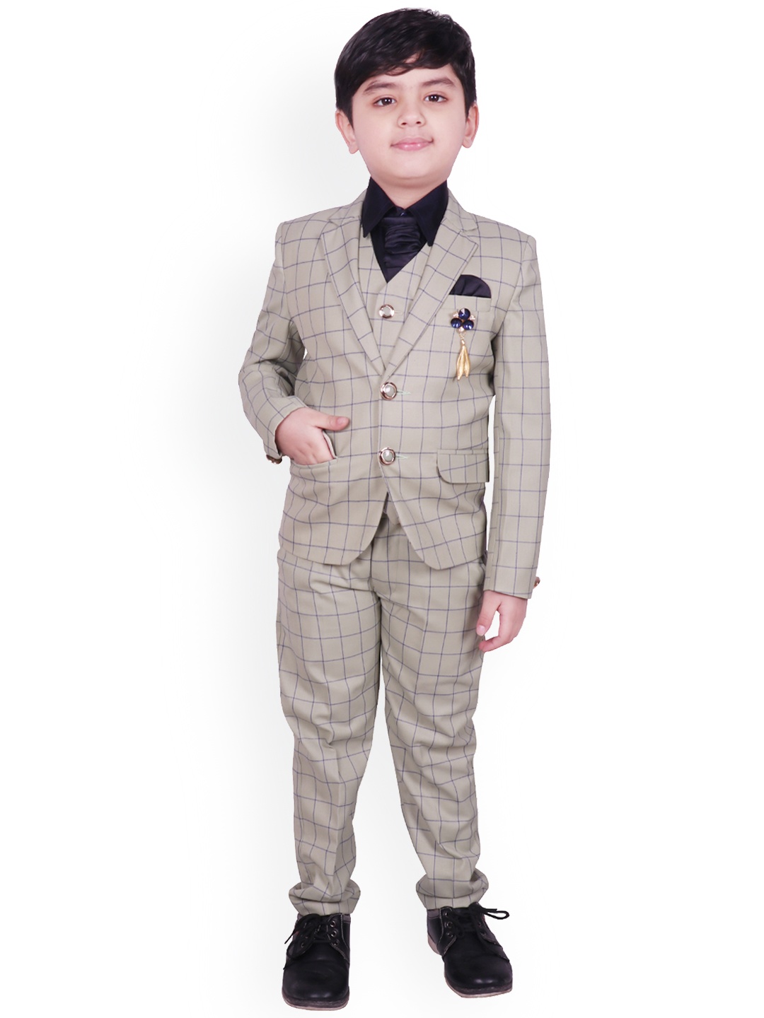 

SG YUVRAJ Boys Beige & Blue Checked Single-Breasted 3 Piece Suit