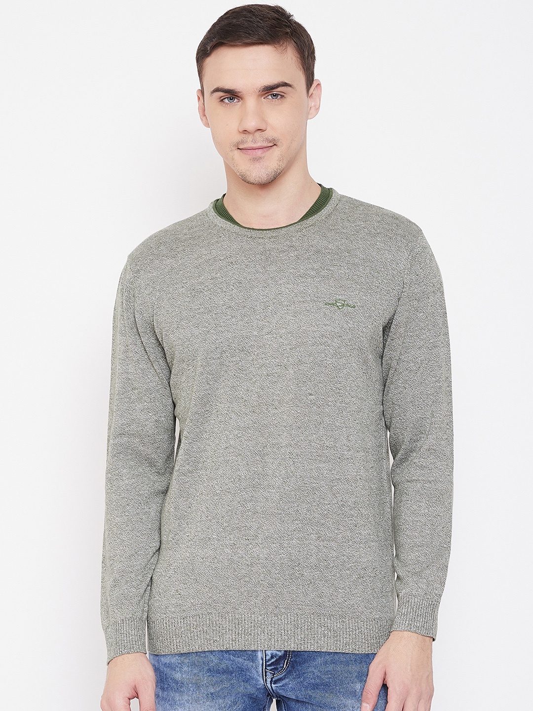 

Duke Men Olive Green Solid Woolen Pullover Sweater