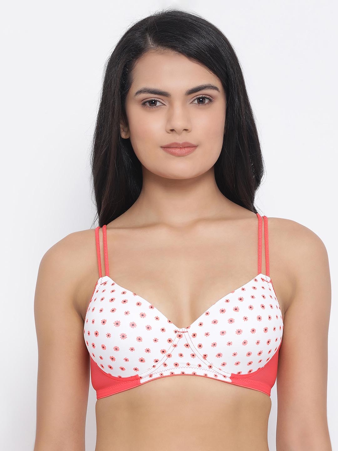 Clovia White & Coral Printed Non-Wired Lightly Padded T-shirt Bra BR1975P22S