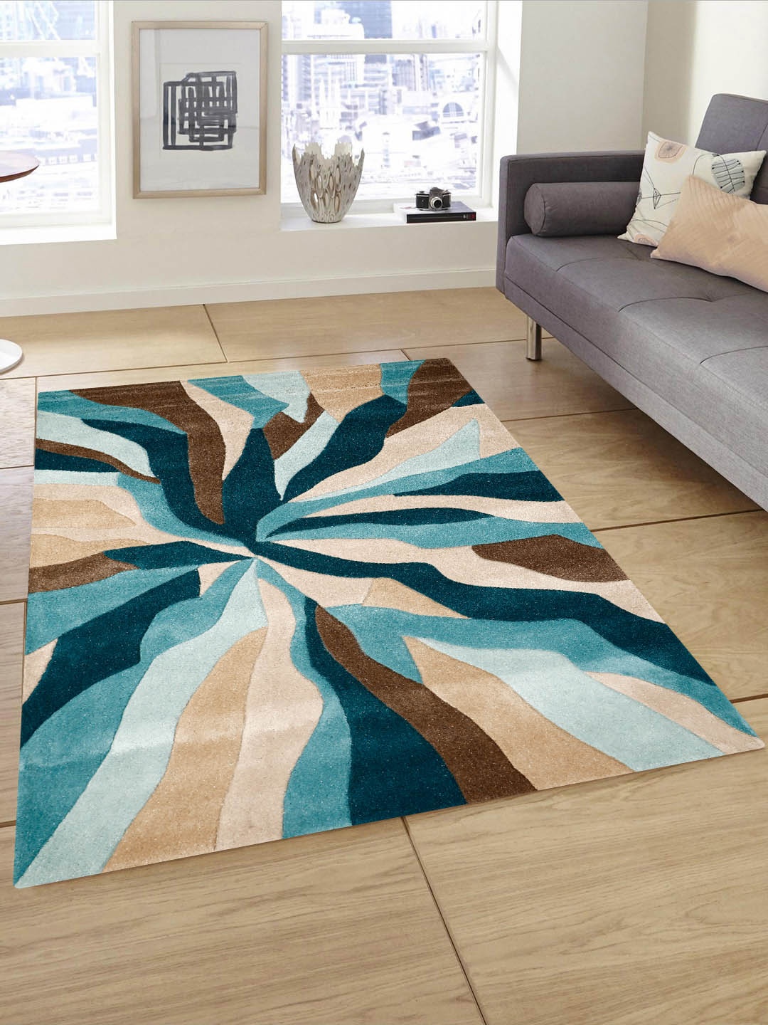 

PRESTO Blue & Beige Printed Hand Tufted Wool Anti-Skid Carpet