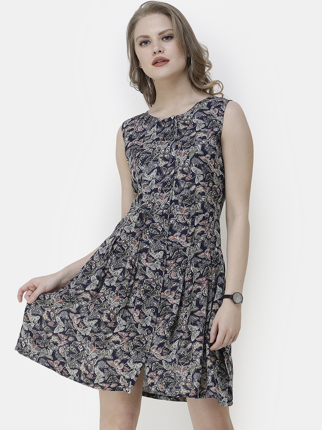 

SCORPIUS Women Navy Blue & Beige Butterfly Printed Fit and Flare Dress