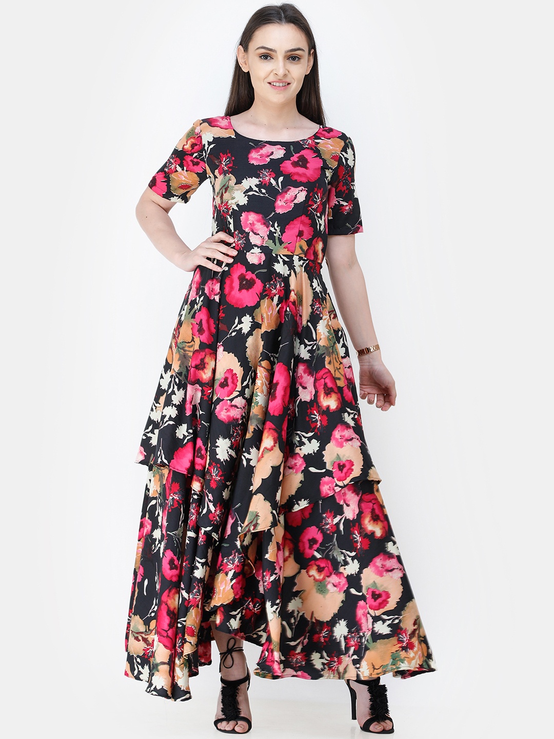 

SCORPIUS Women Black & Pink Floral Printed Maxi Dress