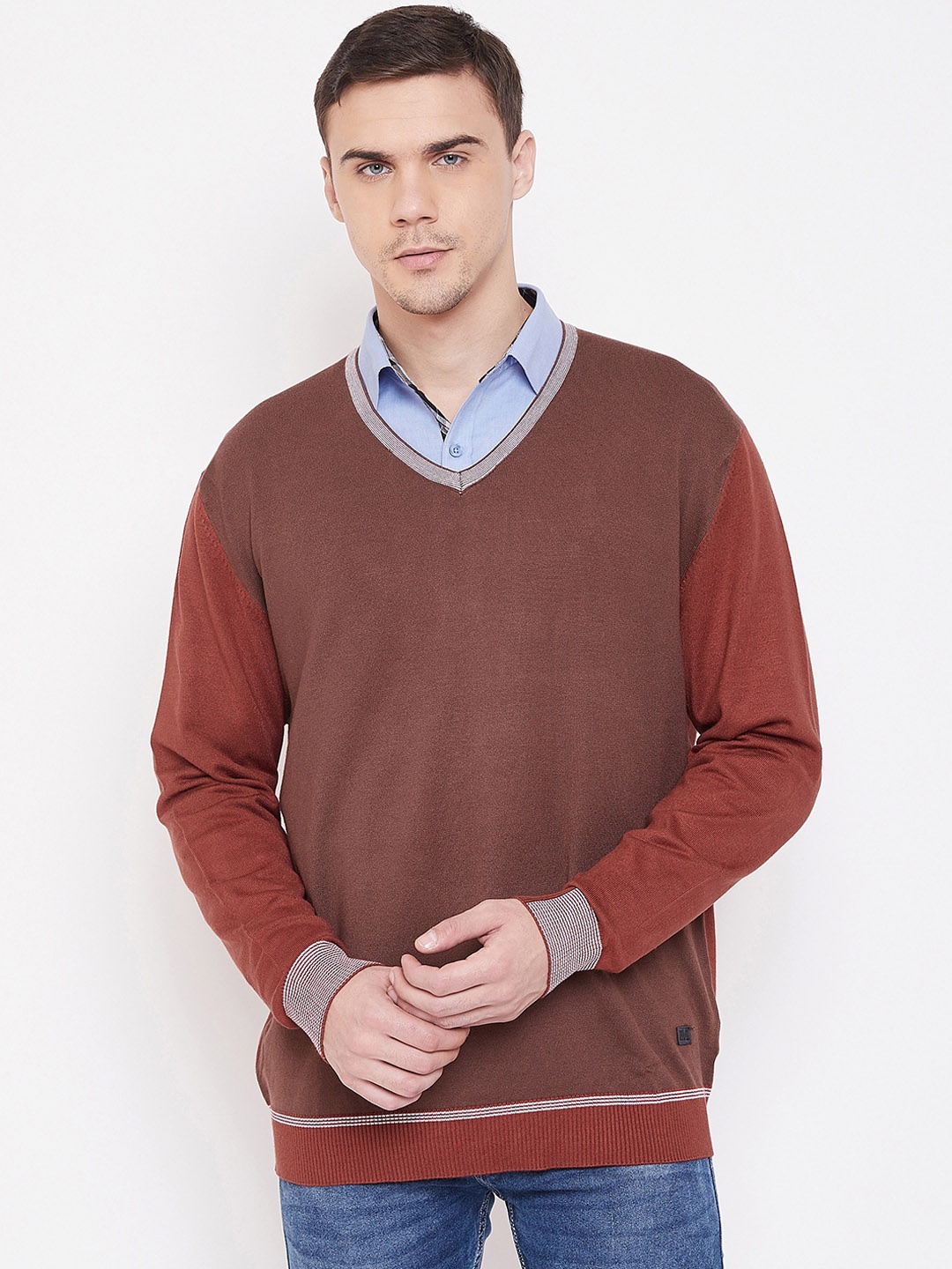 

Duke Men Brown Colourblocked Pullover Sweater