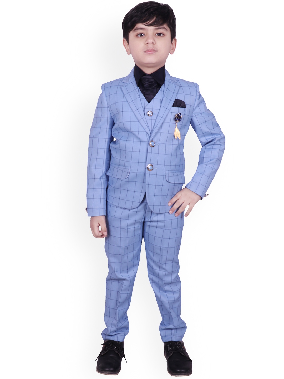 SG YUVRAJ Boys Blue Checked Single-Breasted 3 Piece Party Suit