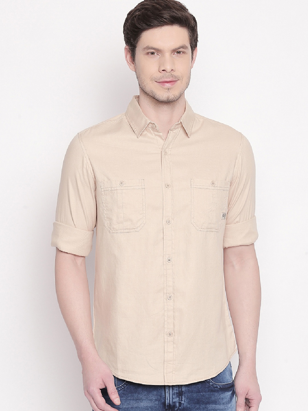 

Mufti Men Beige Slim Fit Solid Casual Shirt