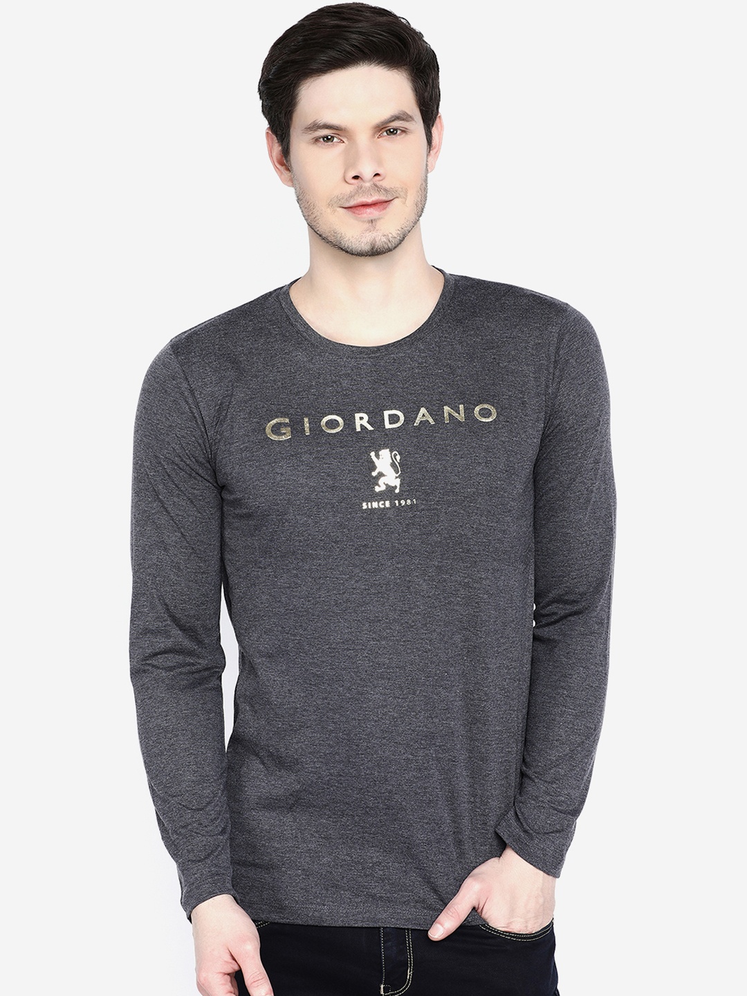 

GIORDANO Men Grey Printed Slim Fit Round Neck T-shirt