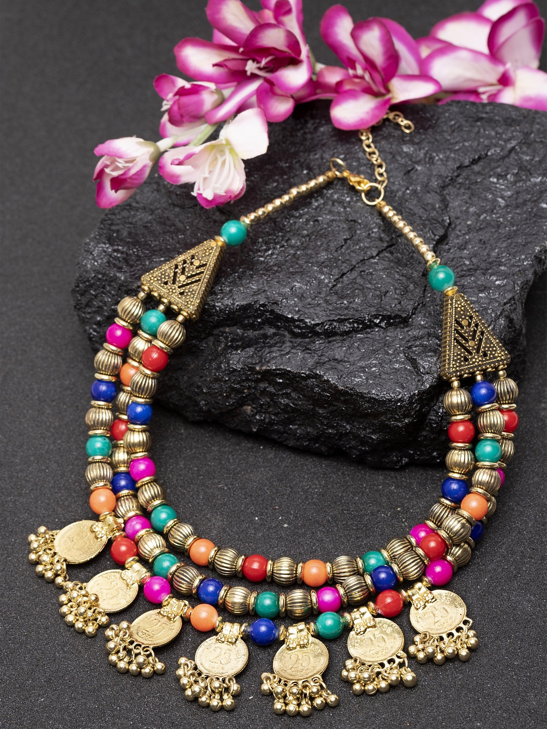 

Moedbuille Multi-Coloured Handcrafted Afghan Design Oxidised Layered Choker