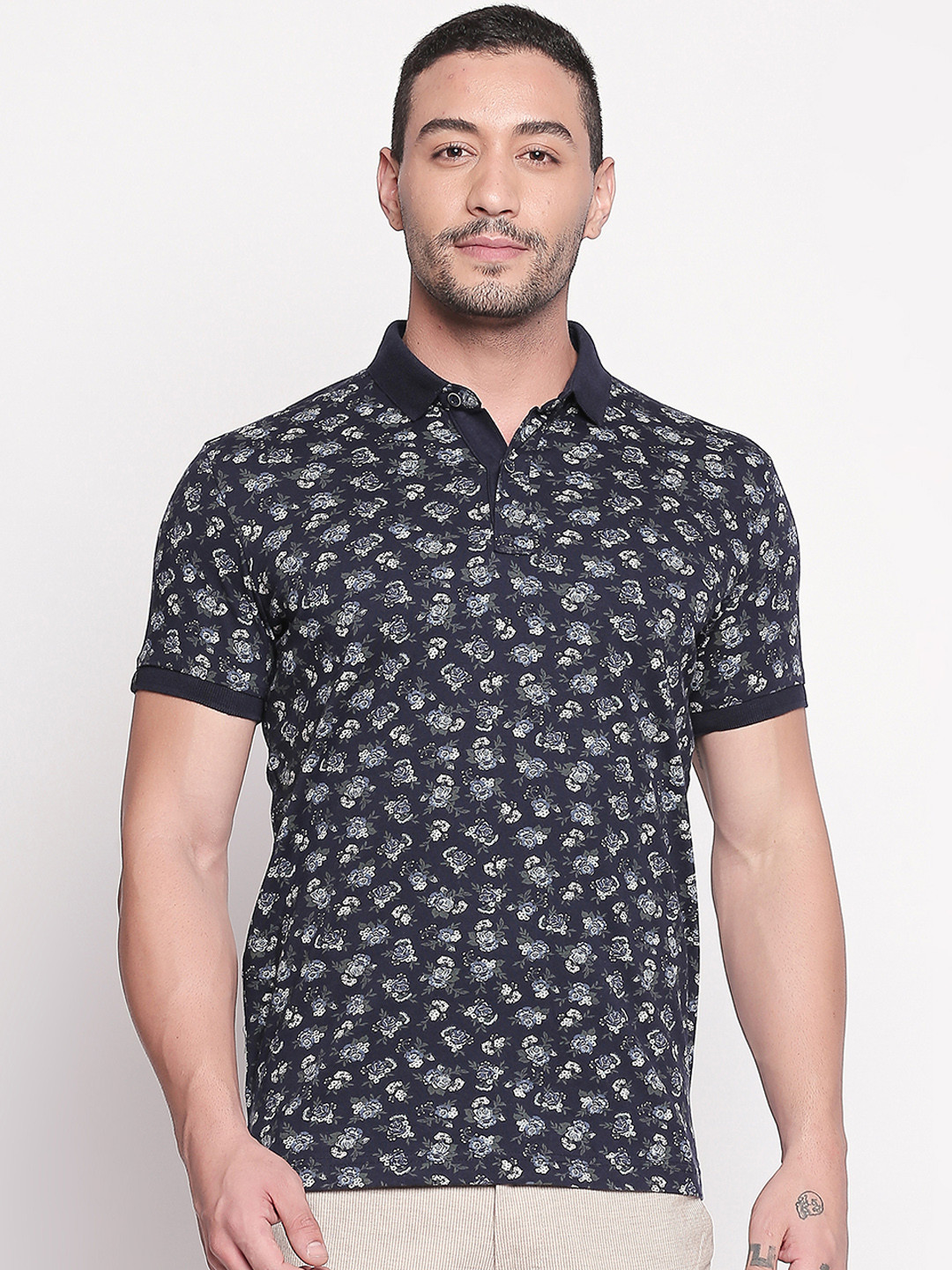 

Mufti Men Navy Blue Printed Polo Collar Pure Cotton T-shirt