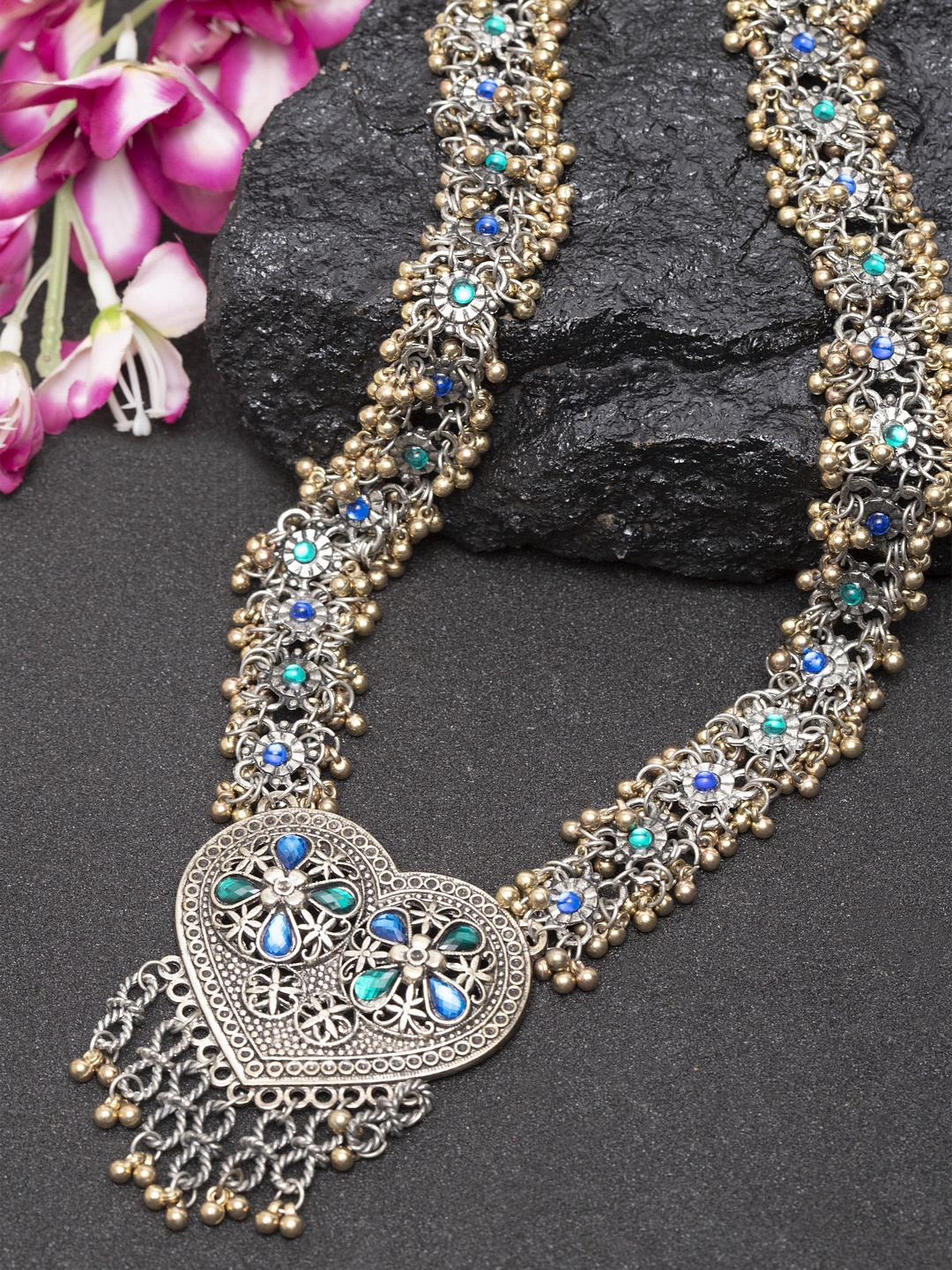 

Moedbuille Silver & Turquoise Blue Brass Silver-Plated Tribal Necklace