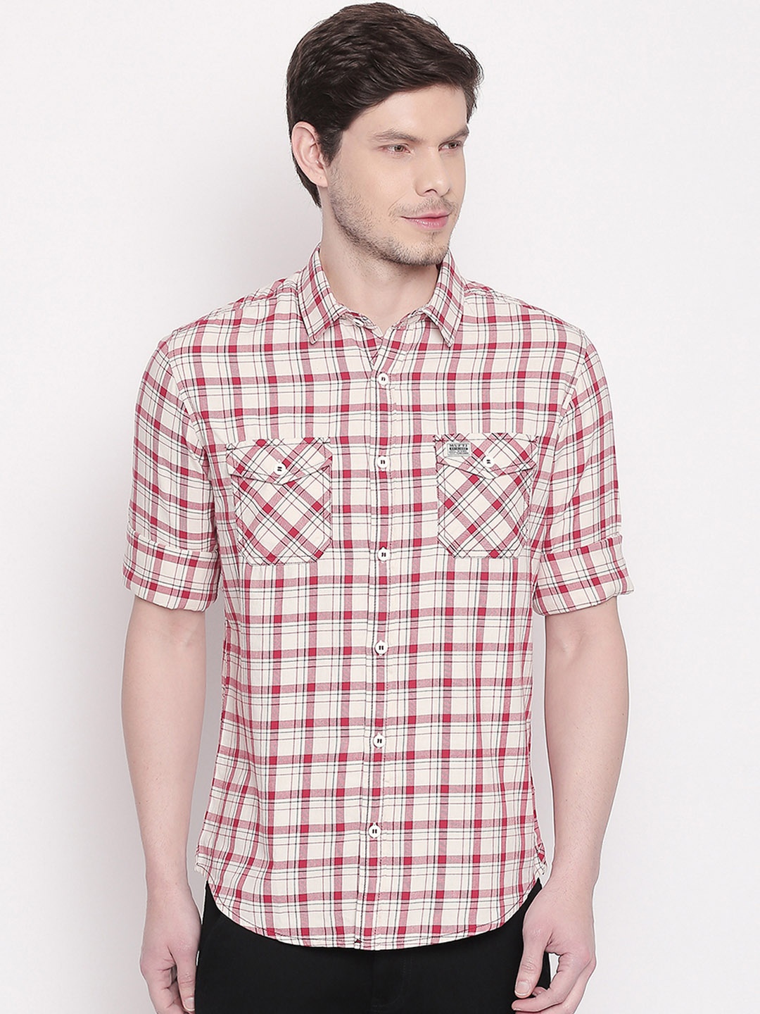 

Mufti Men Beige & Red Slim Fit Checked Casual Shirt