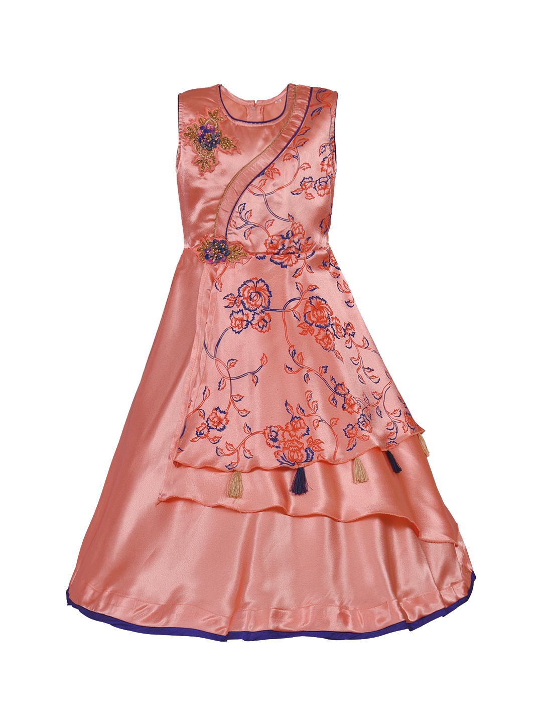 

Wish Karo Girls Peach-Coloured & Navy Blue Printed Fit and Flare Dress