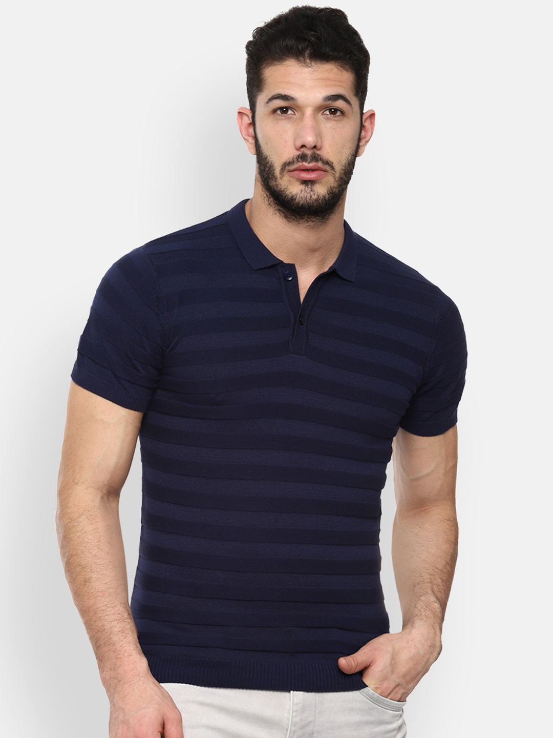 

V Dot Men Navy Blue Striped Slim Fit Polo Collar Pure Cotton T-shirt