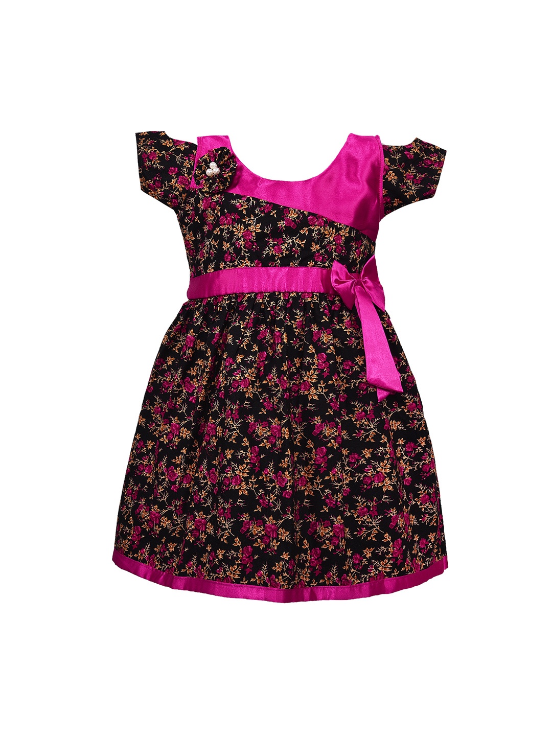 Wish Karo Girls Pink & Black Printed Fit and Flare Dress