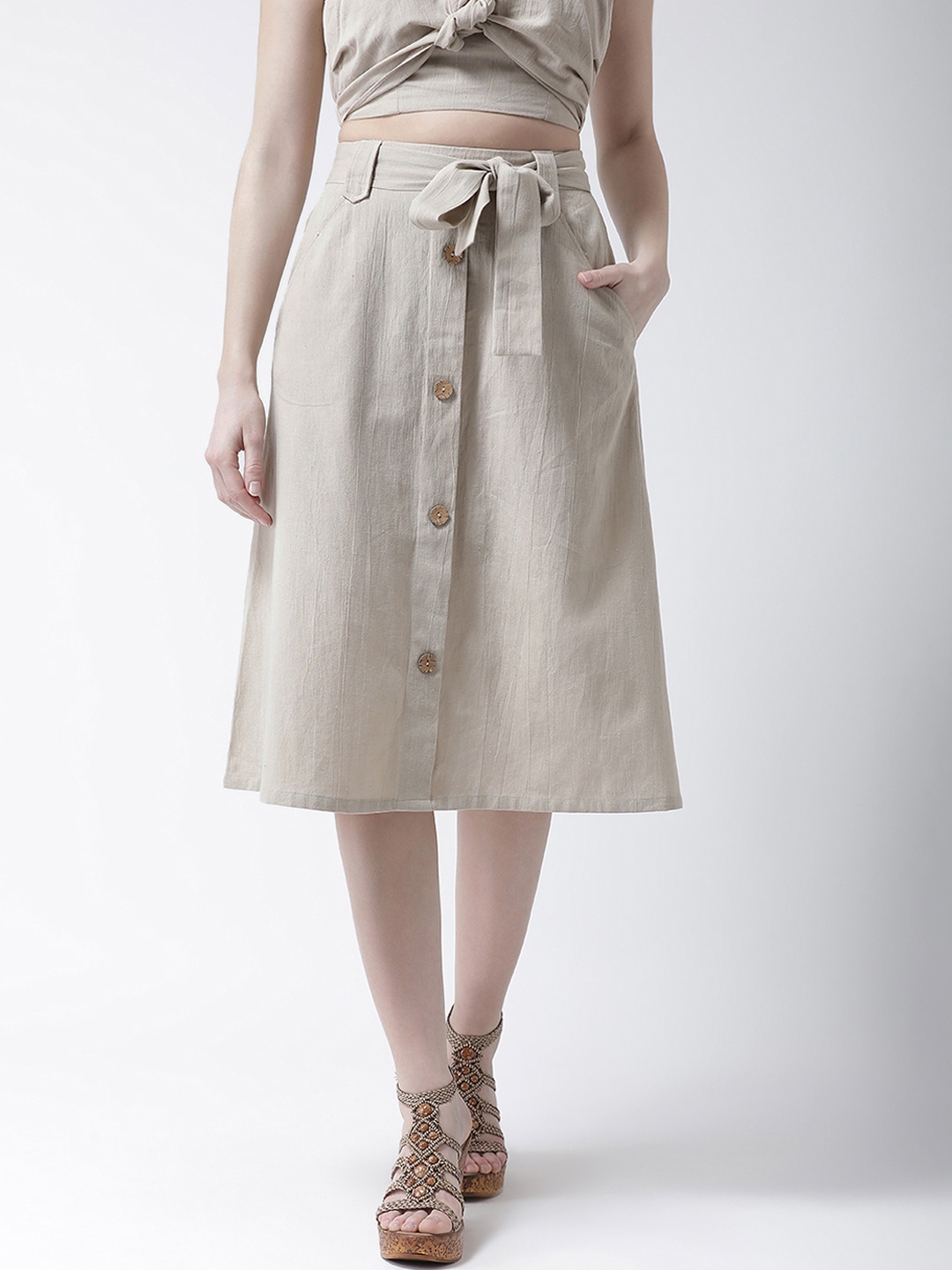 

KASSUALLY Women Beige Solid A-Line Knee-Length Skirt