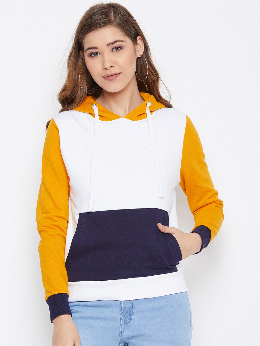 

The Dry State Women White & Mustard Yellow Colourblocked Hooded Sweatshirt