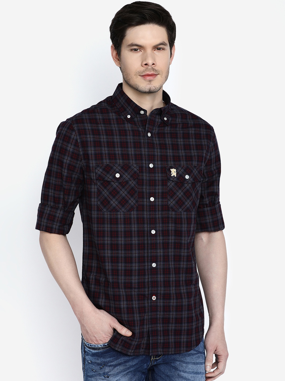 

GIORDANO Men Red & Grey Slim Fit Checked Casual Shirt