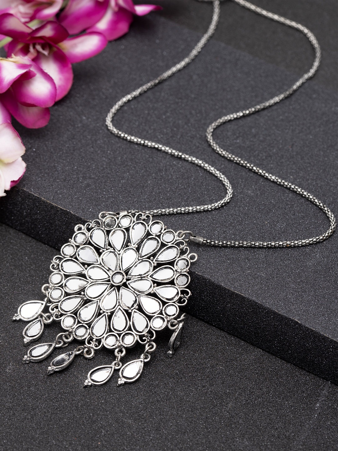 

Moedbuille Silver-Toned Handcrafted Mirror Studded Oxidised Necklace
