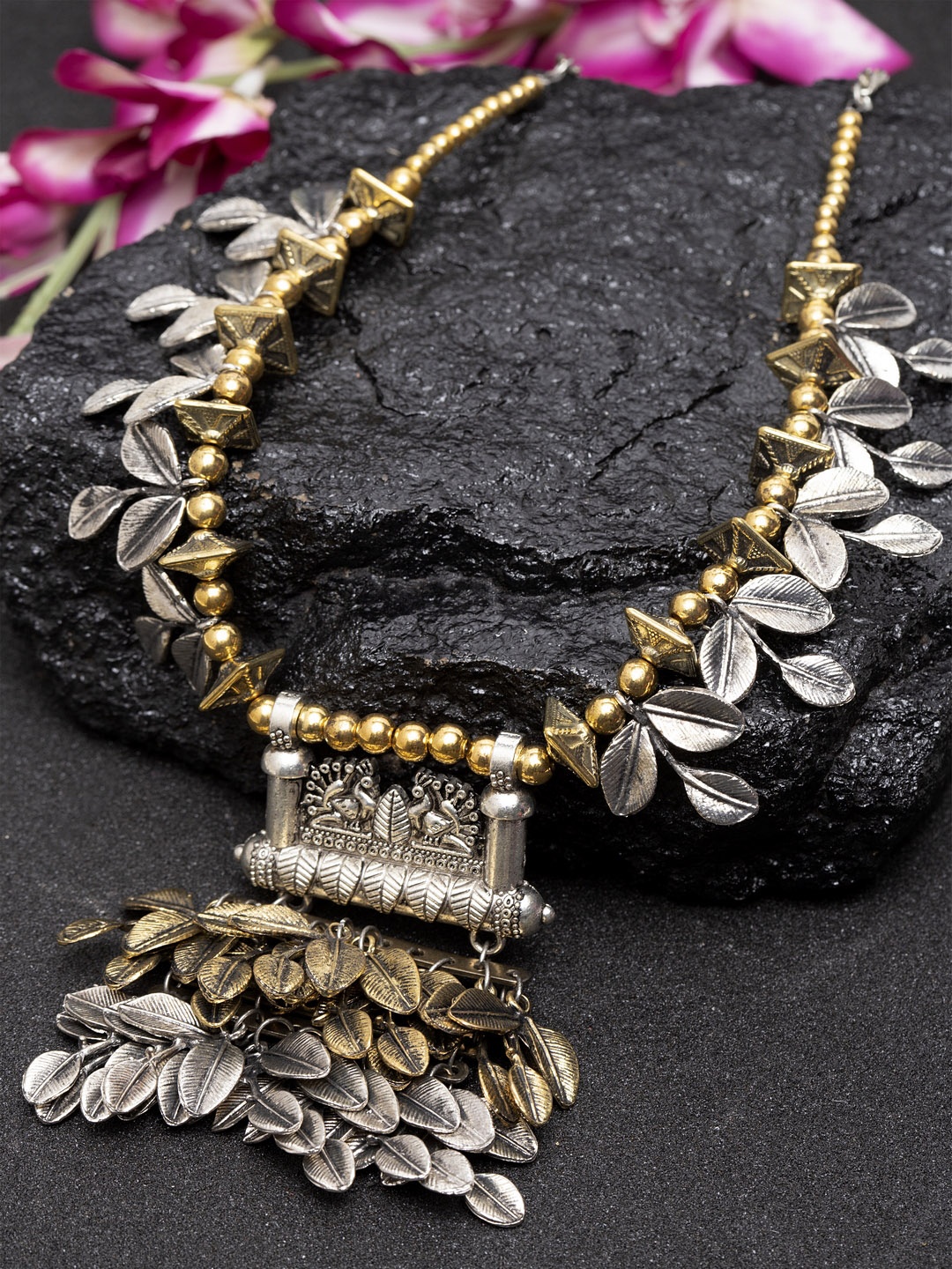 

Moedbuille Handcrafted Antique Brass Plated Oxidised Dual Tone Tribal Necklace, Gold