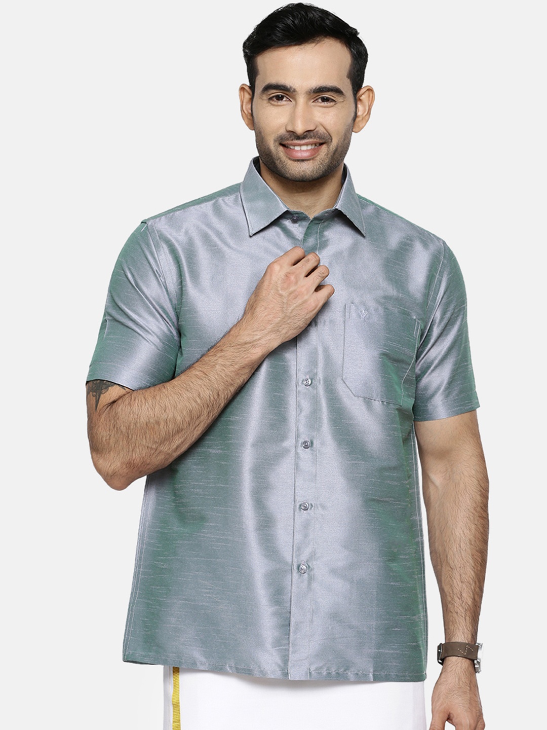

Ramraj Men Grey Original Regular Fit Solid Ethnic Shirt