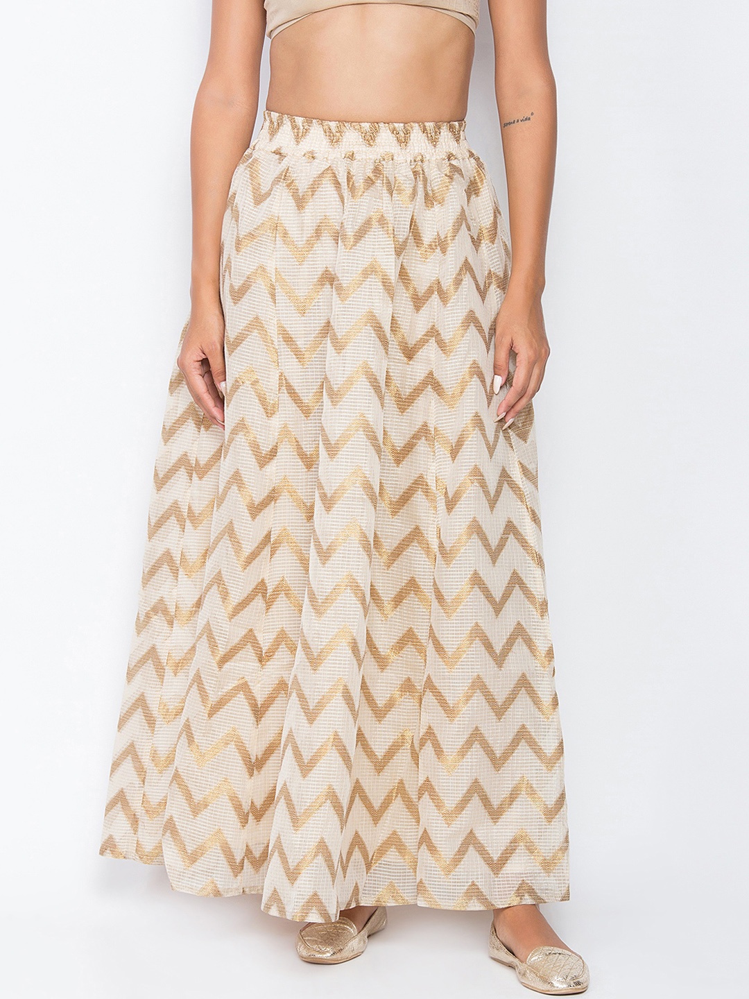 

Be Indi Women Off-White & Gold-Coloured Striped Flared Maxi Skirt
