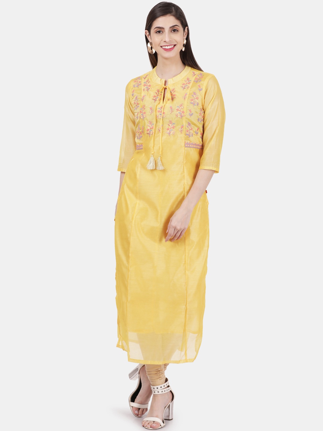 

Alena Women Yellow Embroidered Chanderi Silk Straight Kurta