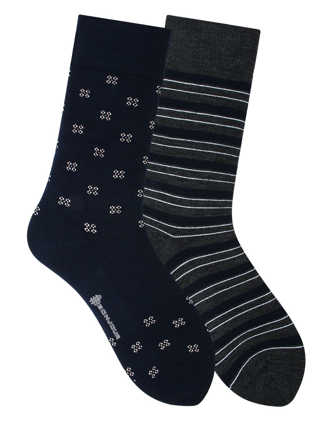 

Bonjour Men Pack of 2 Blue & Grey Patterned Calf-Length Socks, Navy blue