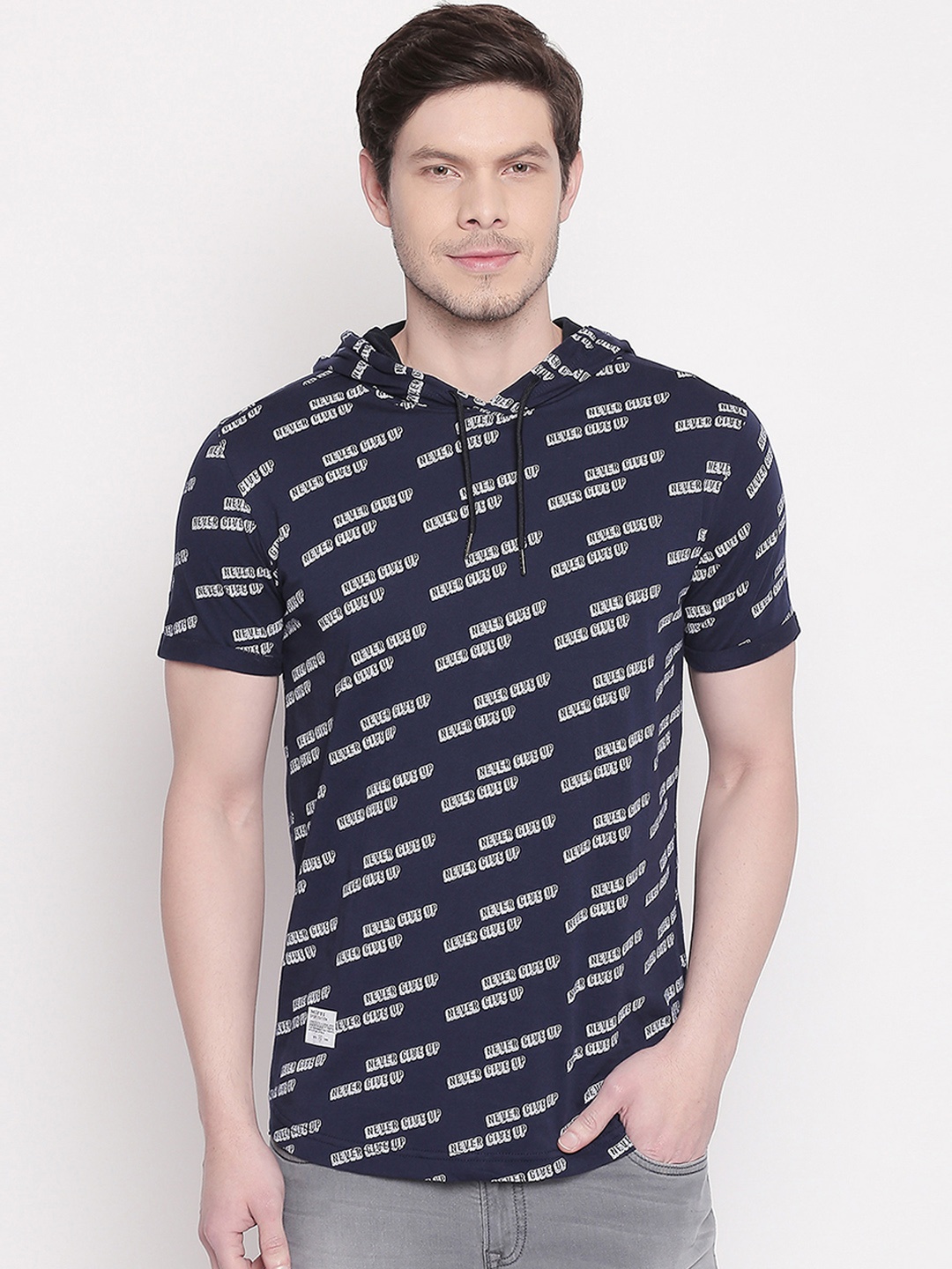 

Mufti Men Navy Blue White Printed Hooded Slim Fit Pure Cotton T-shirt