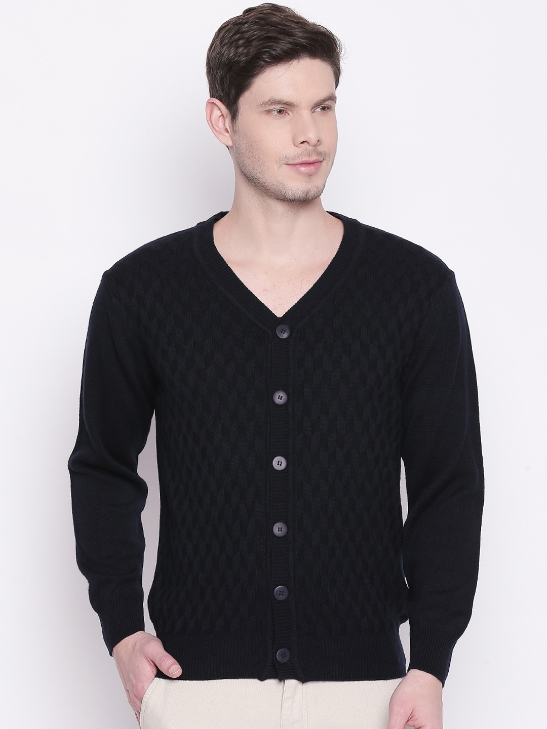 

RICHARD PARKER by Pantaloons Men Black Self Design Cardigan Sweater