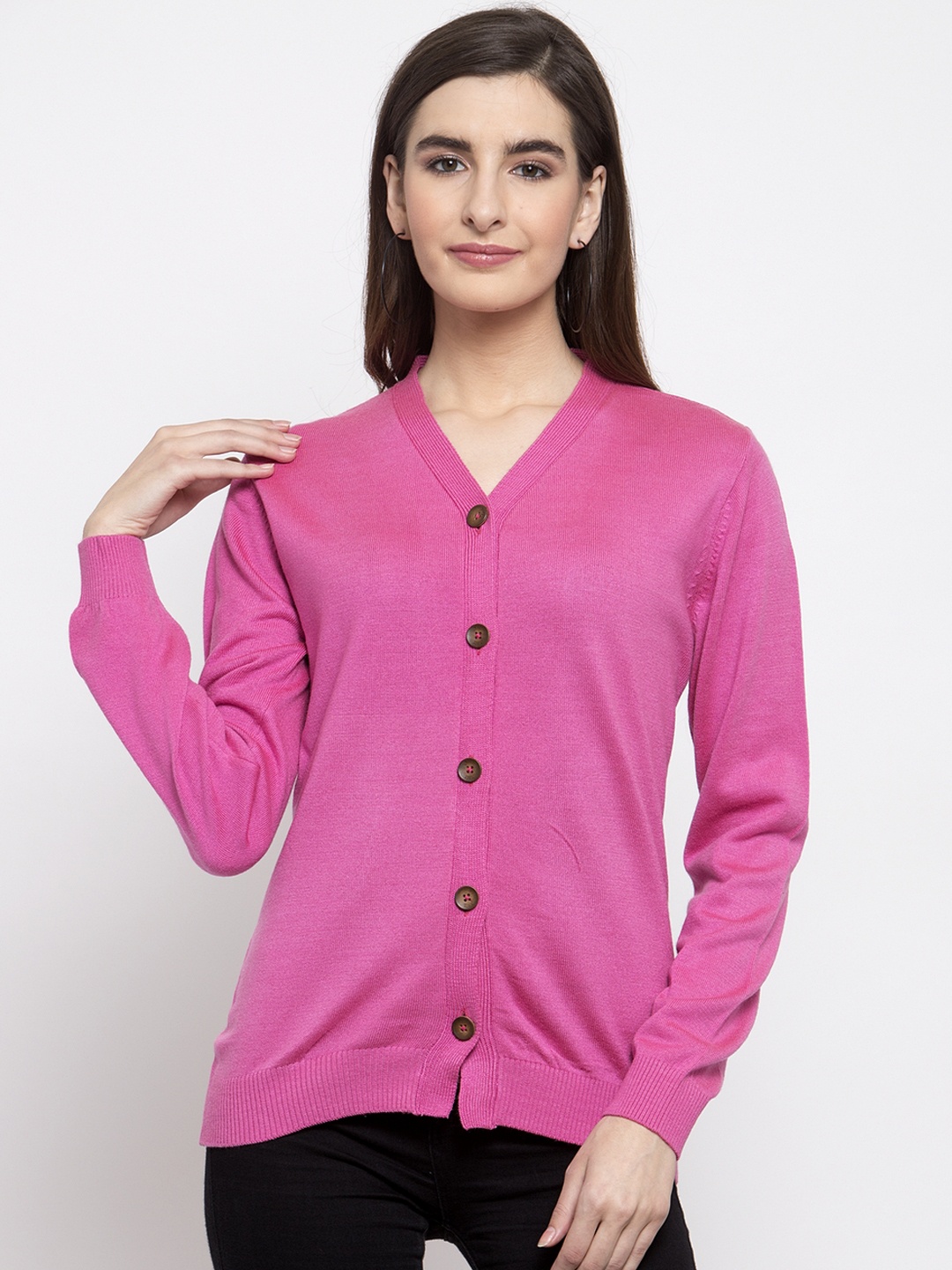 

Kalt Women Pink Solid Front-Open Sweater
