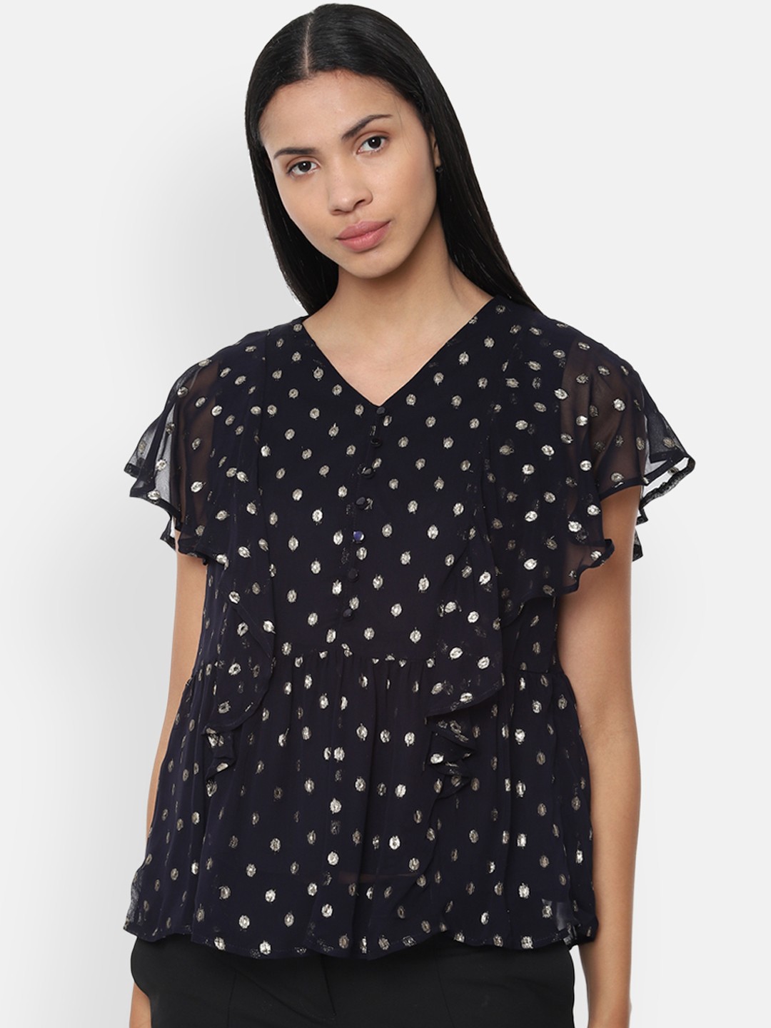 

Van Heusen Woman Women Navy Blue Self Design A-Line Top