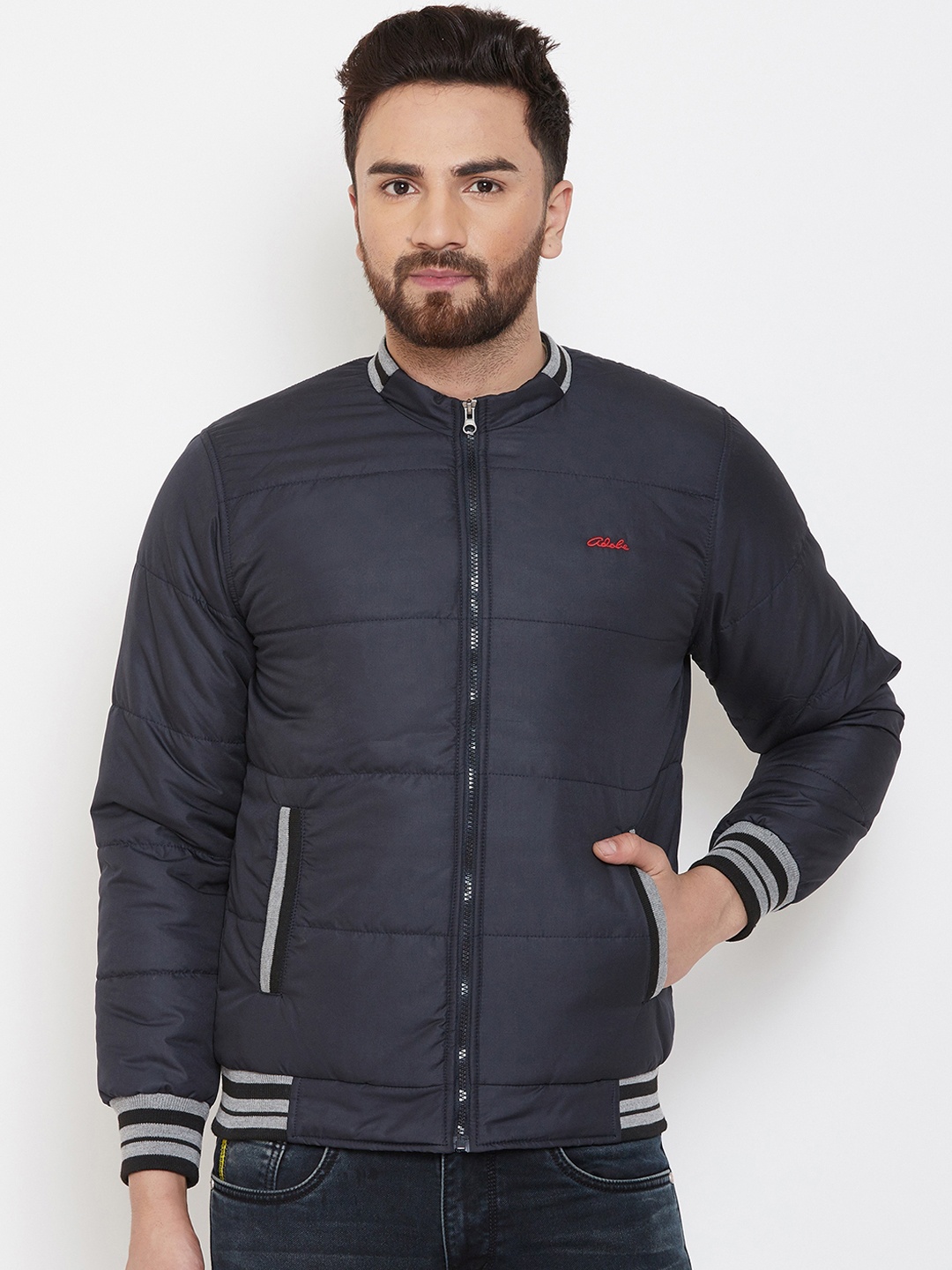 

Adobe Men Navy Blue Solid Padded Jacket