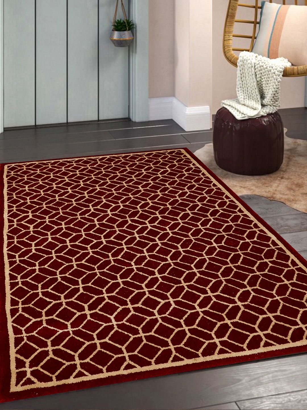 

PRESTO Red & Beige Printed Hand Tufted Wool Anti-Skid Carpet