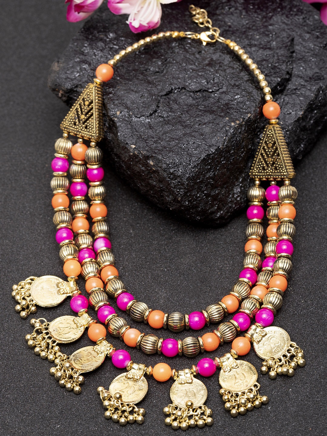 

Moedbuille Pink & Orange German Silver Handcrafted Oxidised Necklace
