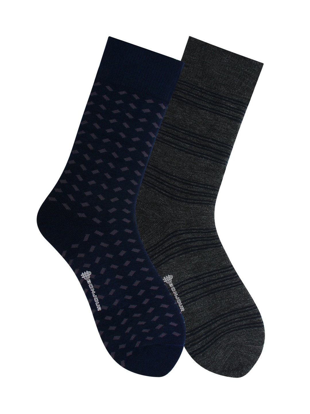 

Bonjour Men Pack of 2 Grey & Blue Patterned Calf-Length Socks, Navy blue