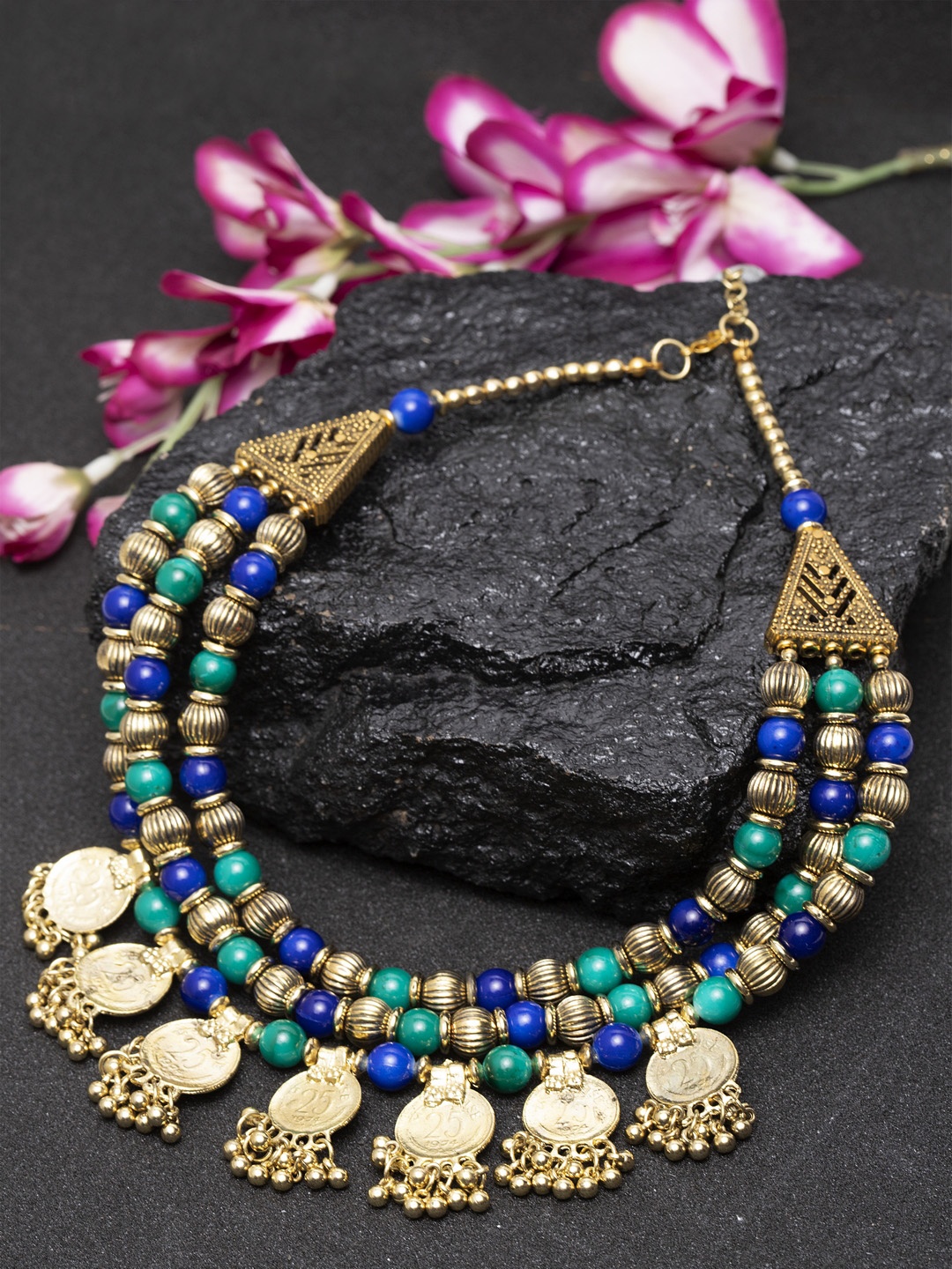 

Moedbuille Antique Gold-Toned & Teal Green Brass-Plated Afghan Necklace