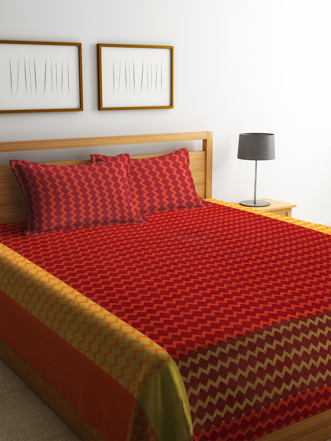 KLOTTHE Red & Orange Woven Design Double Bed Cover With 2 Pillow Covers