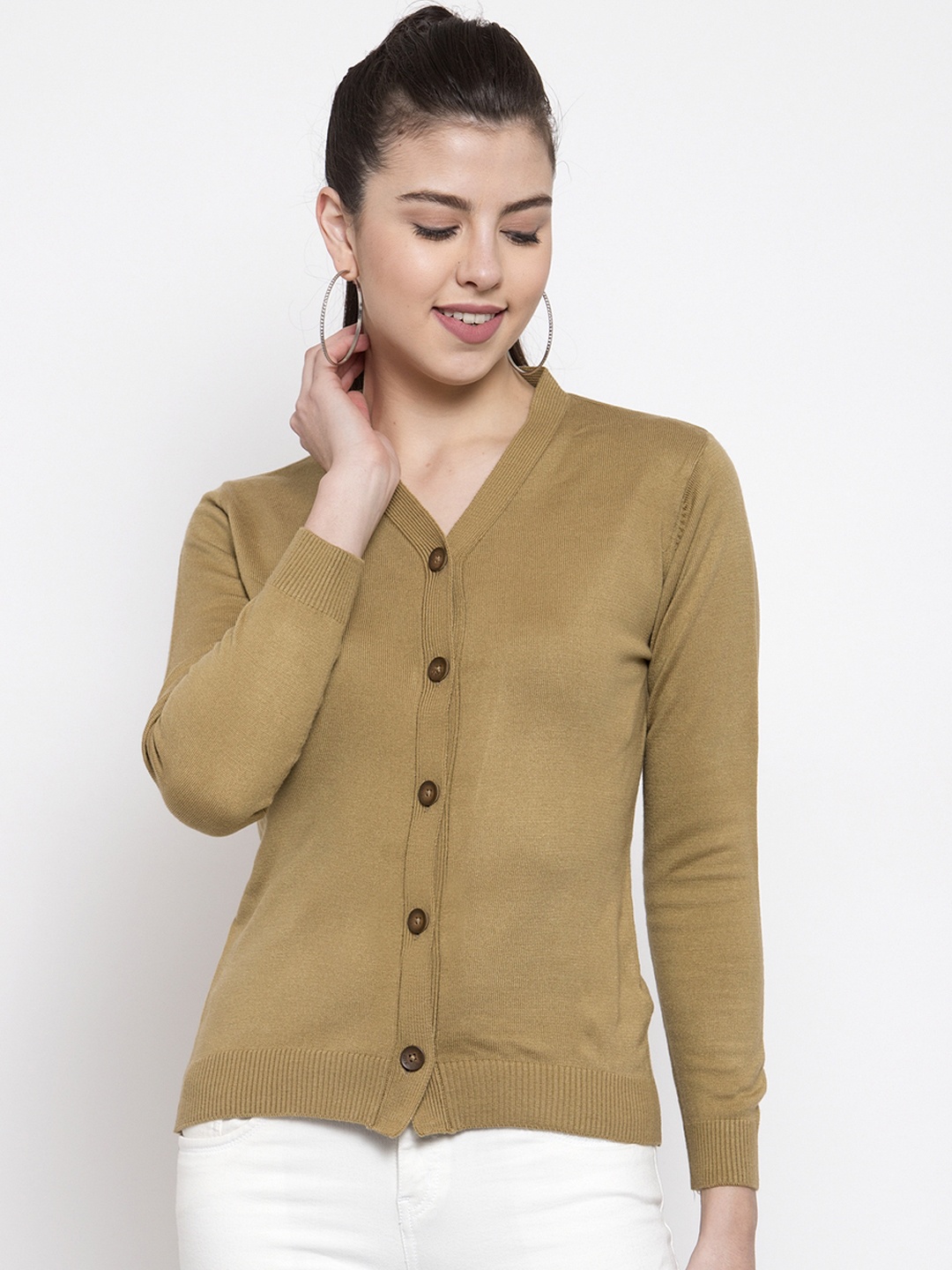 

Kalt Women Camel Brown Solid Front-Open Sweater