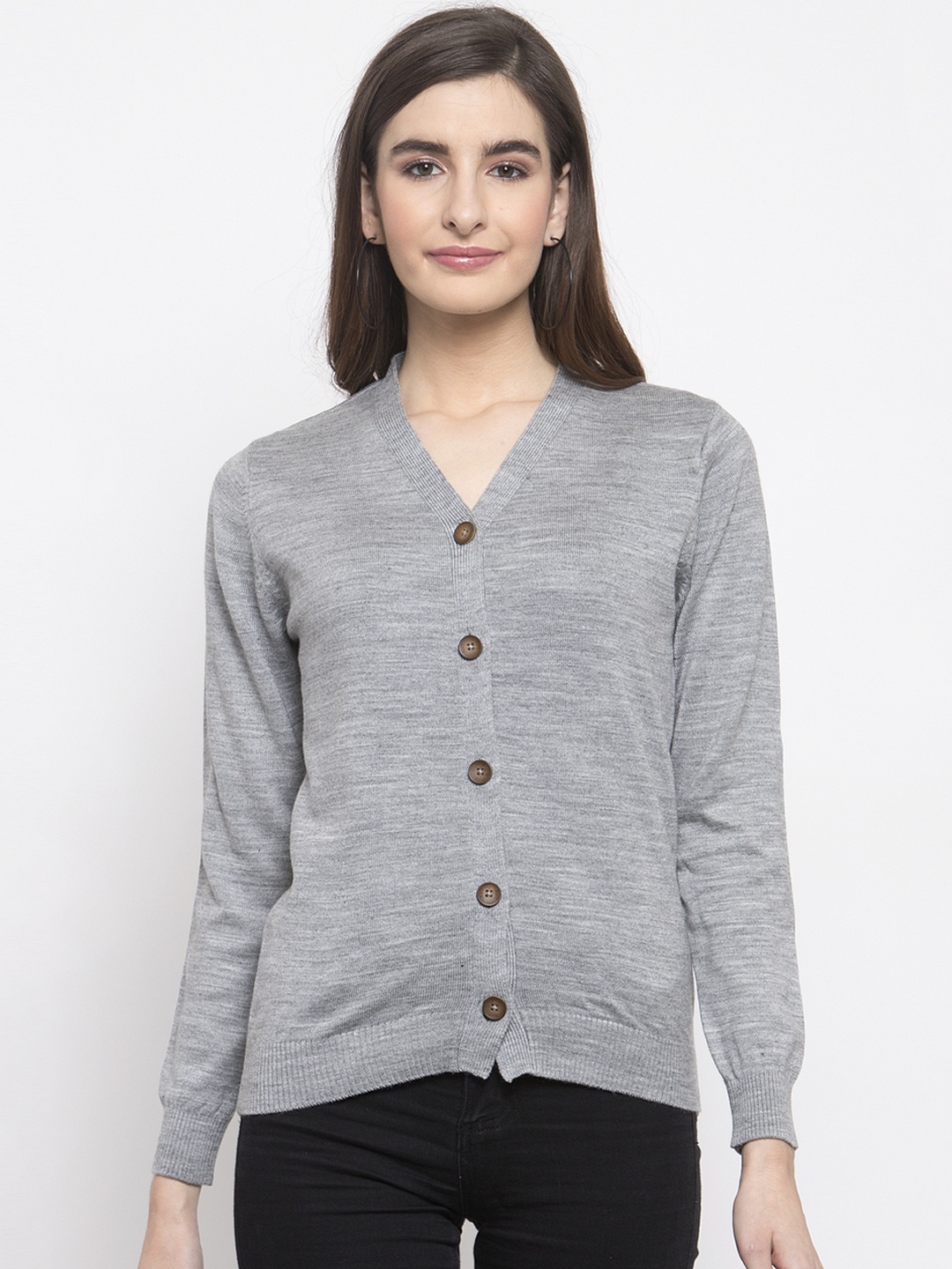 

Kalt Women Grey Melange Solid Front-Open Sweater