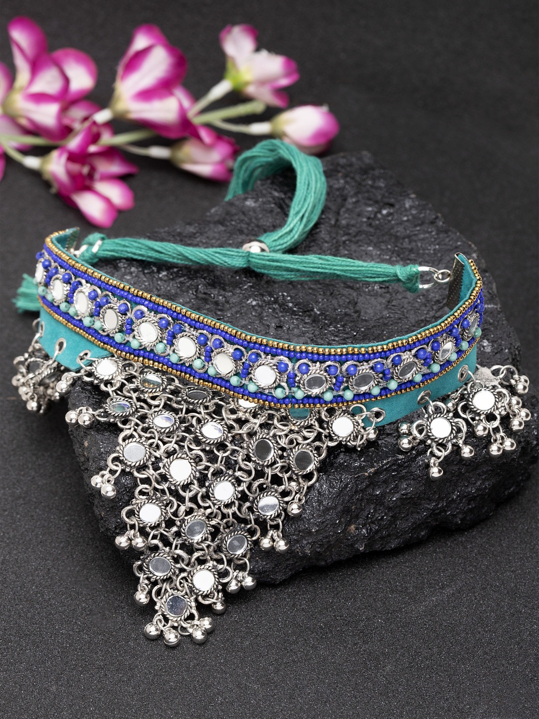 

Moedbuille Blue & Silver-Toned Handcrafted Oxidised Necklace